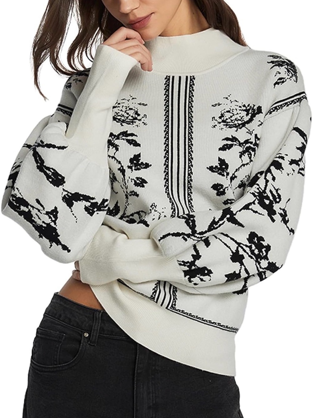 Ivory Floral Turtleneck Sweater with Black Jacquard